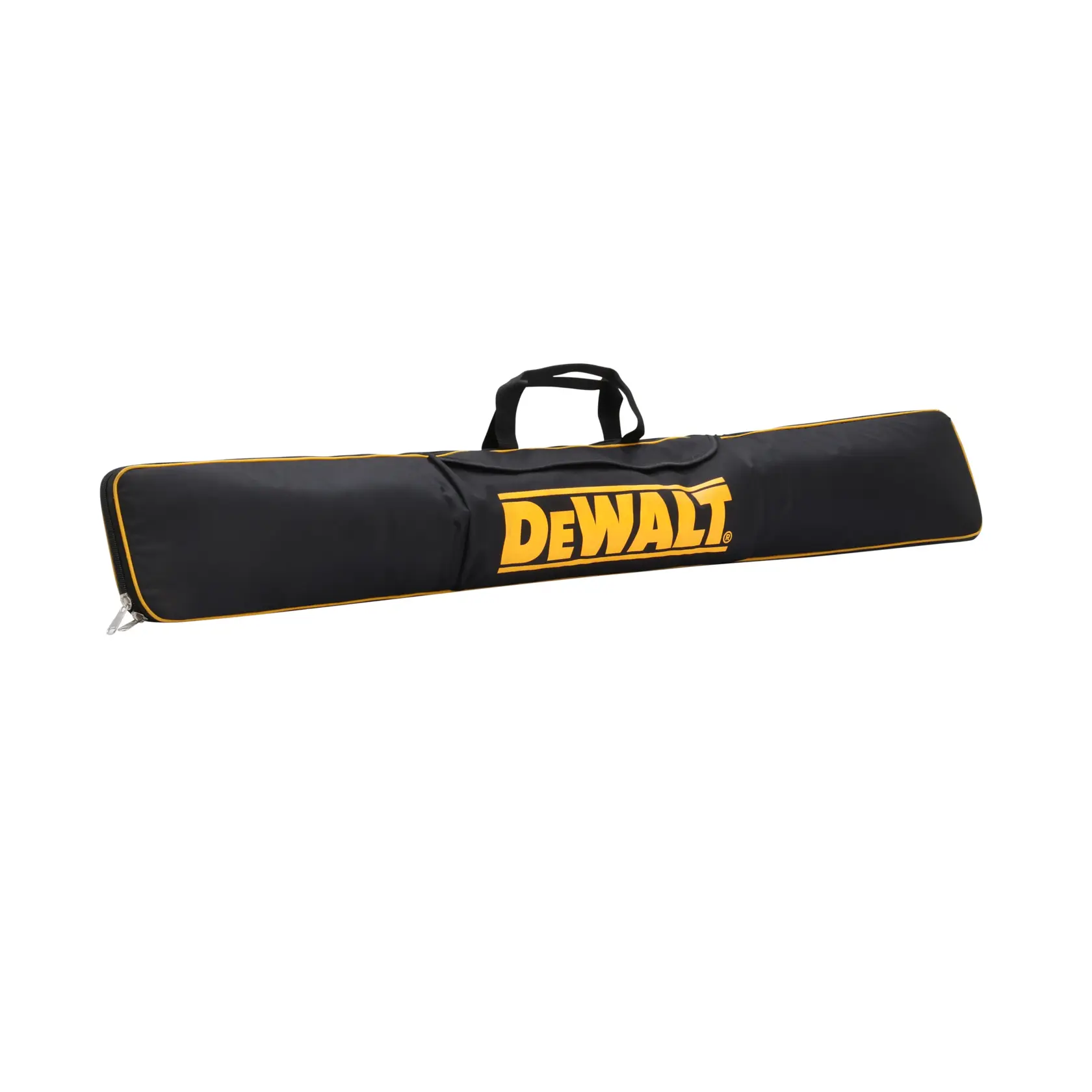 Sac de transport noir DEWALT avec poignées et logo jaune, conçu pour outils ou accessoires.