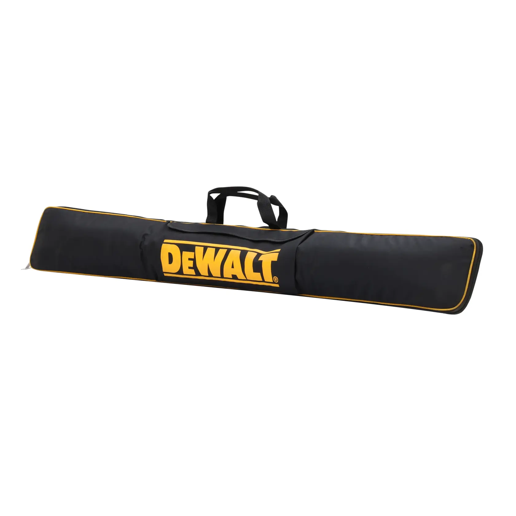 Étui noir DEWALT avec logo et bordure jaune, conçu pour du matériel photo long.