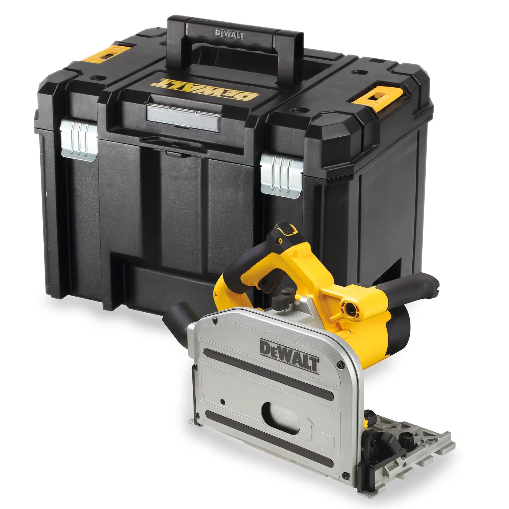 Scie plongeante DEWALT avec une valise noire robuste, toutes deux marquées, pour le bois et la construction.
