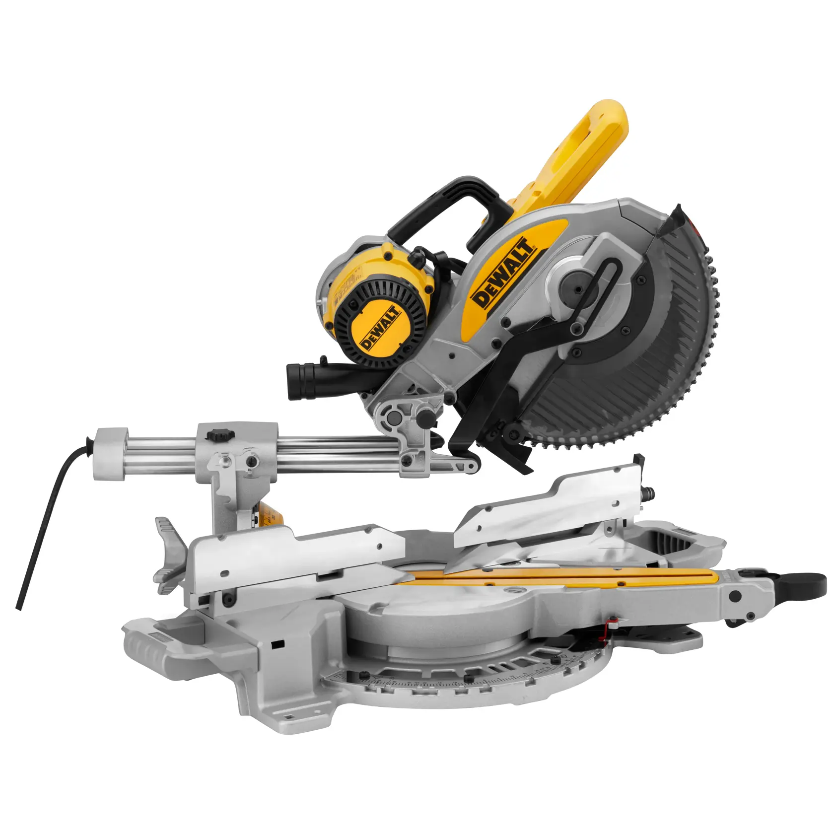 Une scie à onglets radiale DEWALT avec lame circulaire, conçue pour la découpe précise du bois, présentée sur fond blanc.