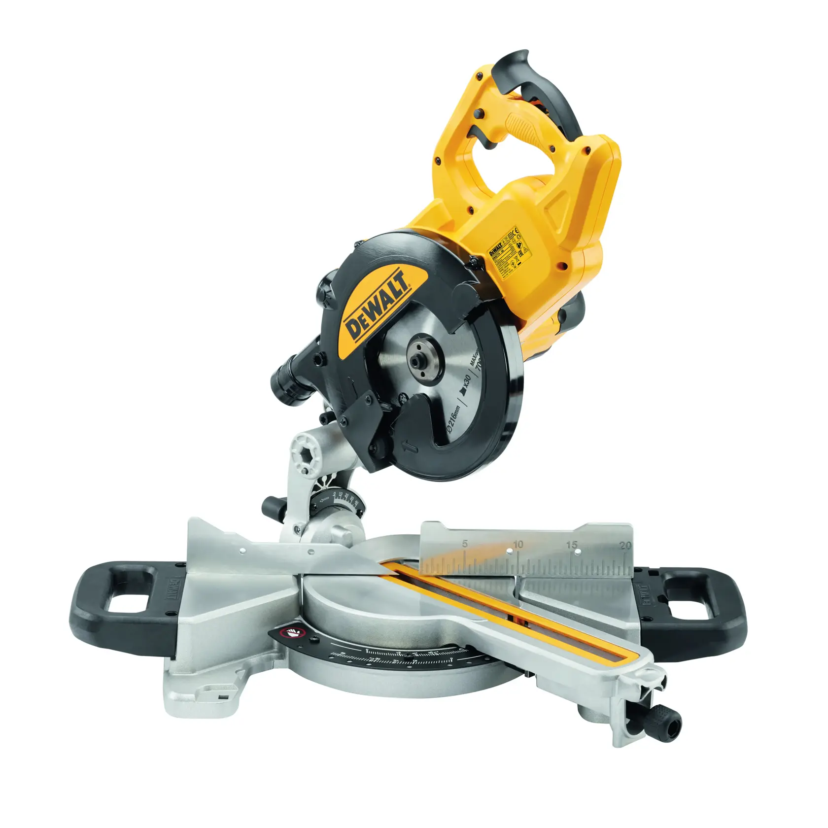 Scie à onglets DEWALT DWS774 avec un corps jaune et noir, une lame circulaire et une base avec des repères de mesure, utilisée pour la coupe précise du bois et d'autres matériaux.