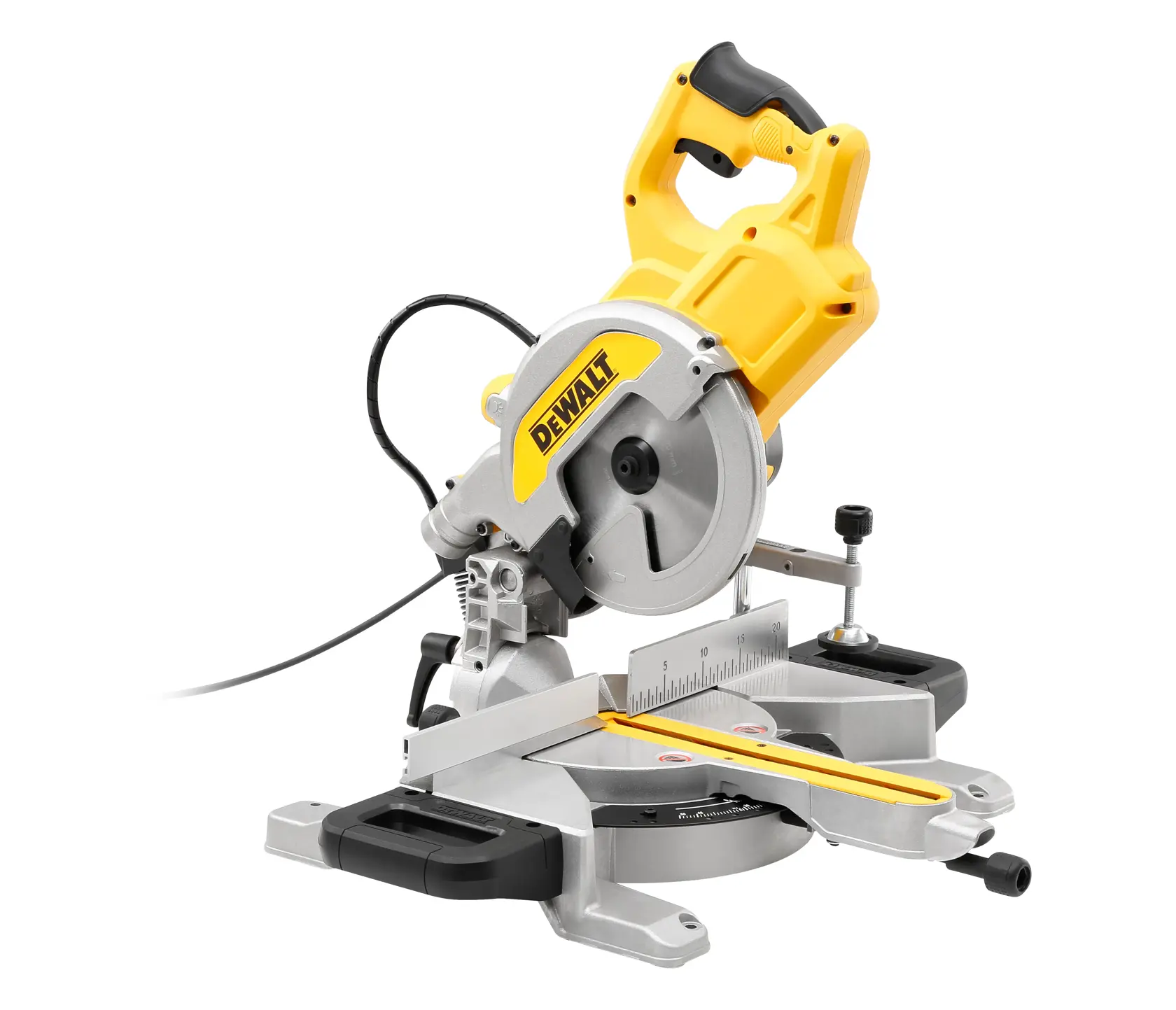Scie à onglets DEWALT DWS777 avec poignée jaune et protège-lame, adaptée au travail du bois.
