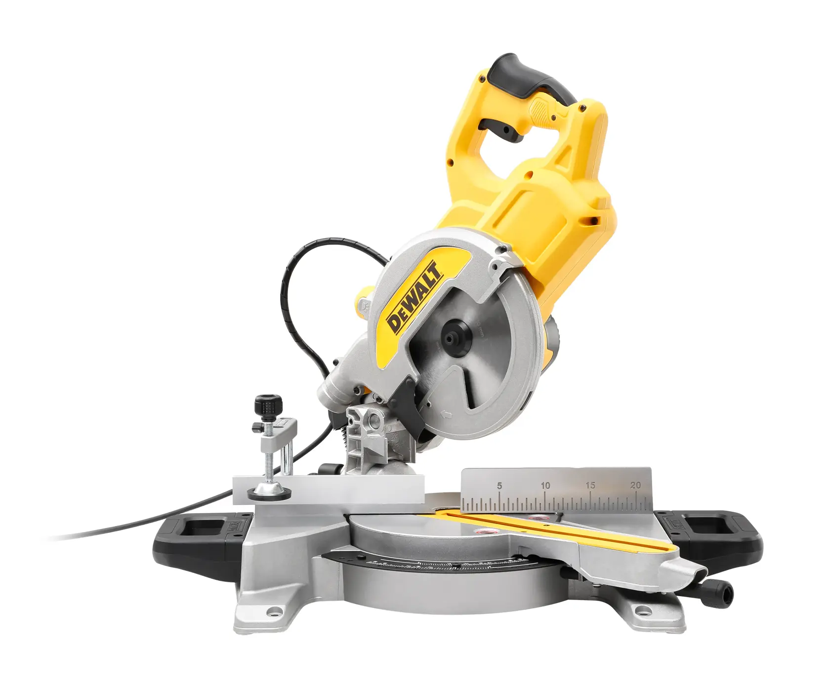 Scie à onglet DWS777 DEWALT jaune et noire pour bois, avec règle et base réglable.