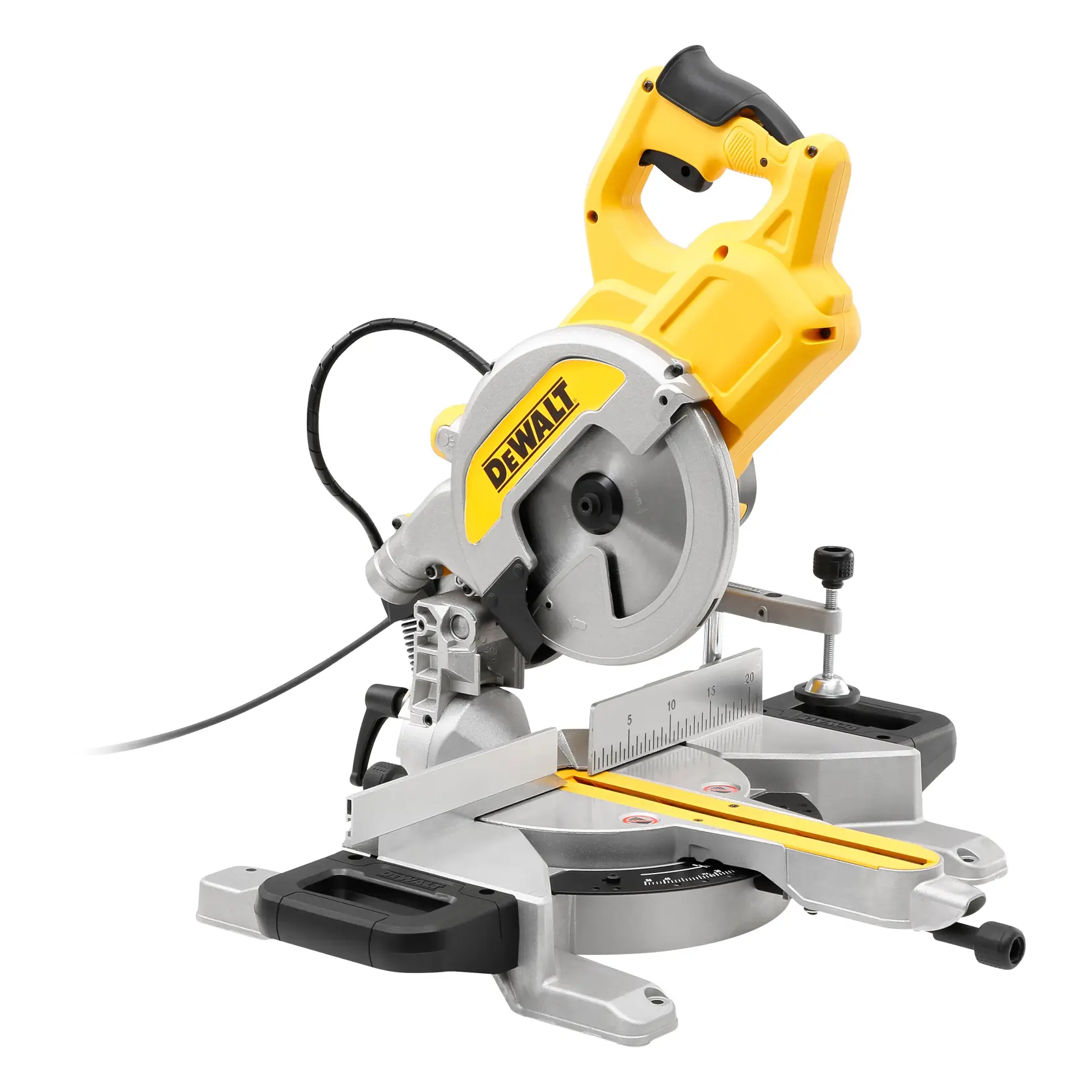 Scie à onglets DEWALT DWS777 jaune et argentée avec règle et câble, conçue pour coupes précises du bois.