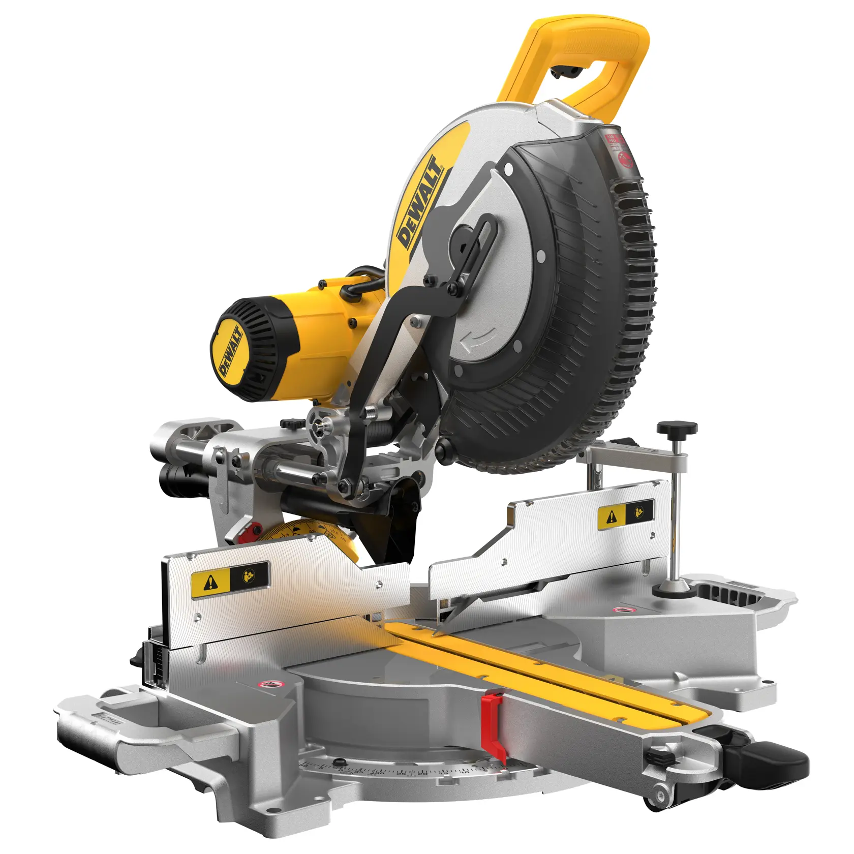 Une scie à onglets radiale DEWALT DWS780, caractérisée par un design jaune et argenté avec une grande lame circulaire, une base robuste et une butée réglable.