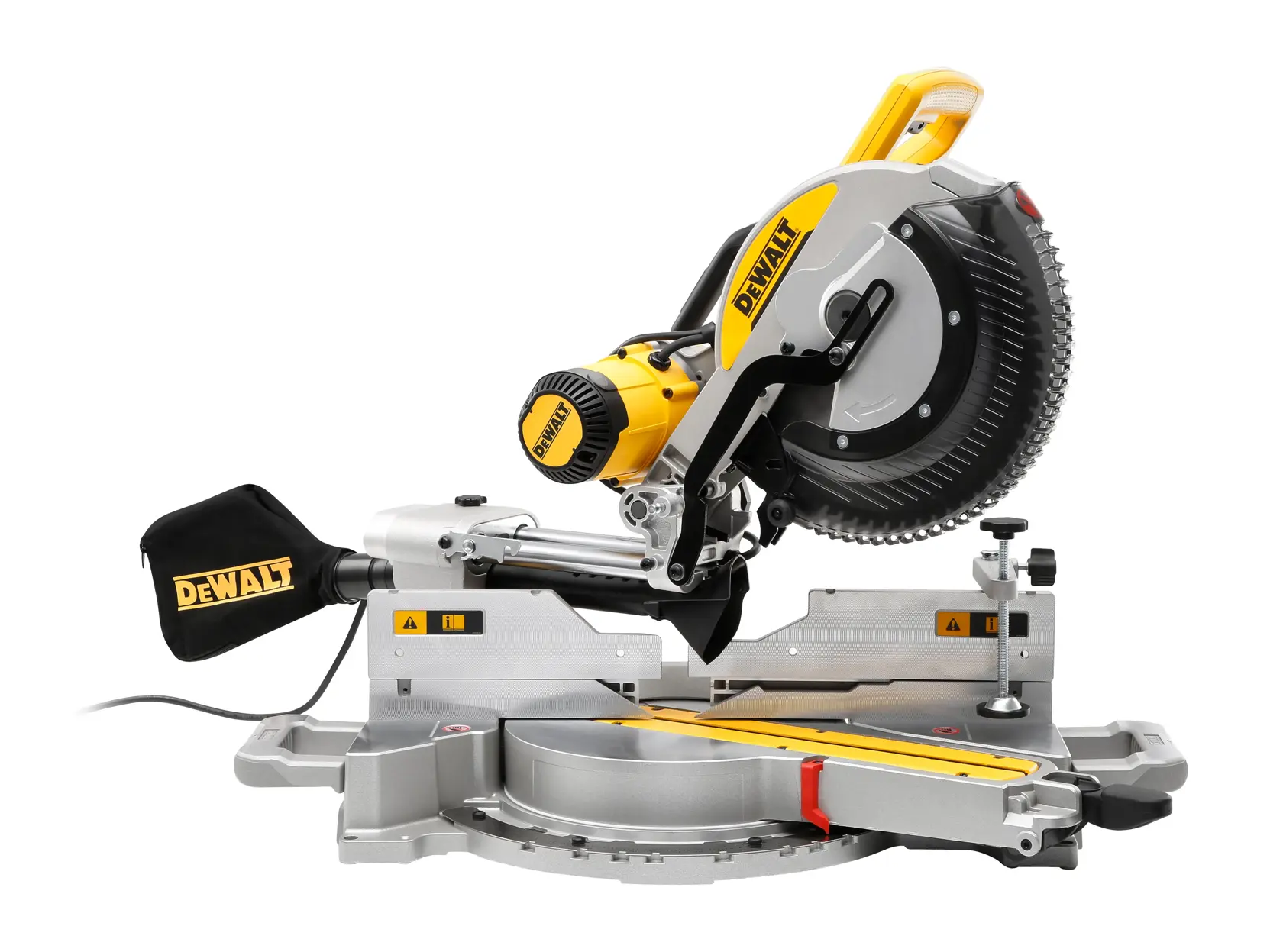 Une scie à onglets radiale DEWALT DWS780 au design jaune et noir, avec un sac de collecte de poussière et une grande lame circulaire montée sur une base métallique.