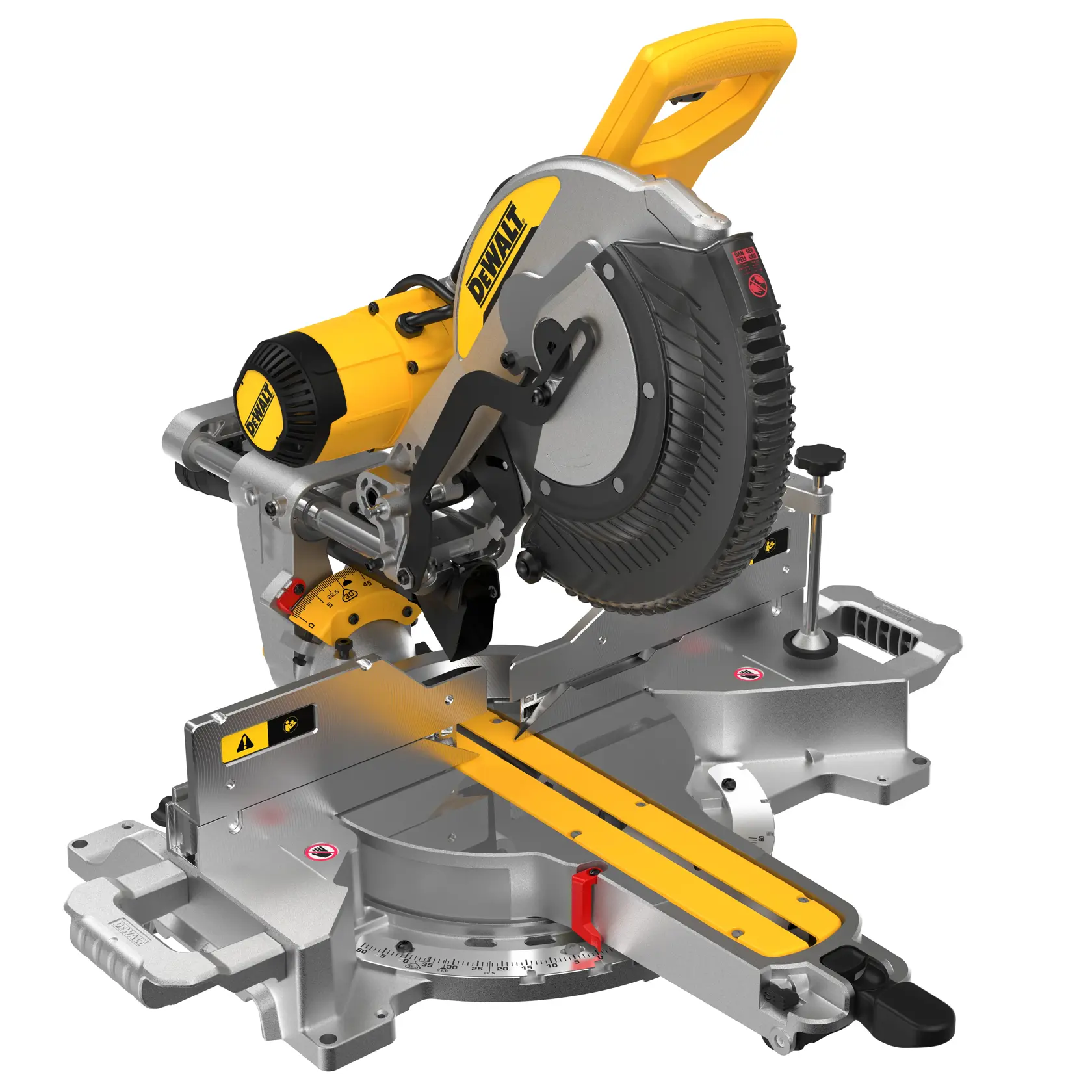 Une personne portant un gilet de haute visibilité et un casque de chantier utilise une scie à onglet DEWALT DWS780 pour couper une planche de bois sur un chantier de construction. En arrière-plan, on voit des colonnes structurelles et un bâtiment inachevé.
