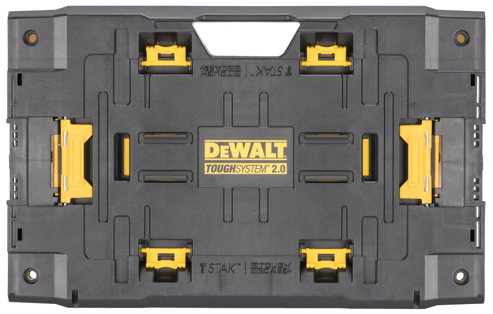 Une boîte de rangement pour outils DEWALT ToughSystem 2.0 noire et jaune, vue de dessus. La boîte possède un design robuste avec des loquets et le logo DEWALT au centre.