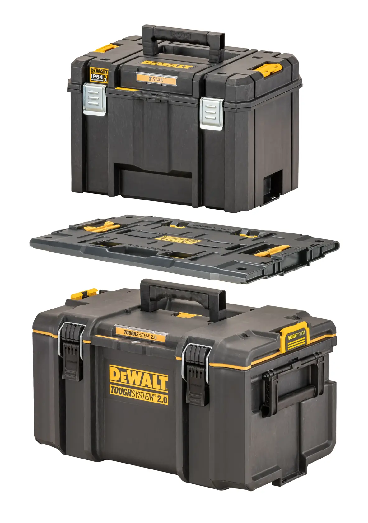 Trois boîtes à outils noires et jaunes DEWALT sont présentées. En haut, une boîte à outils rectangulaire avec des loquets métalliques, au milieu un organisateur de boîte à outils plat, et en bas une plus grande boîte portant l'inscription 'ToughSystem 2.0', toutes avec des poignées de transport.