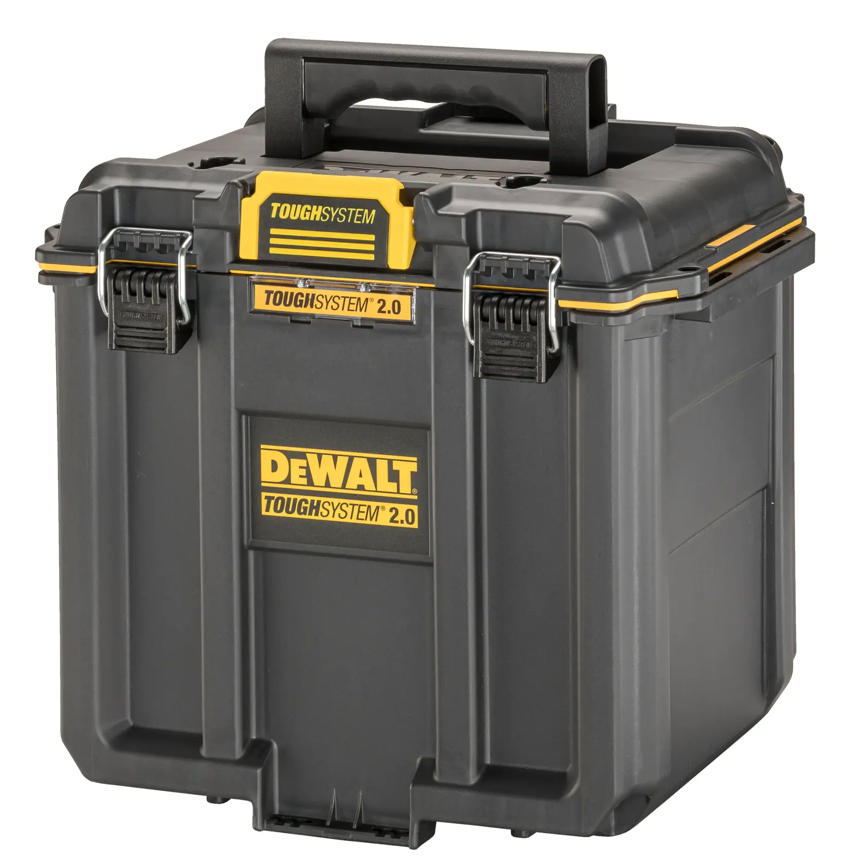 Graphique promotionnel DEWALT ToughSystem 2.0 avec le slogan 'Storage Built to Handle It' en grandes lettres jaunes sur un fond sombre texturé.