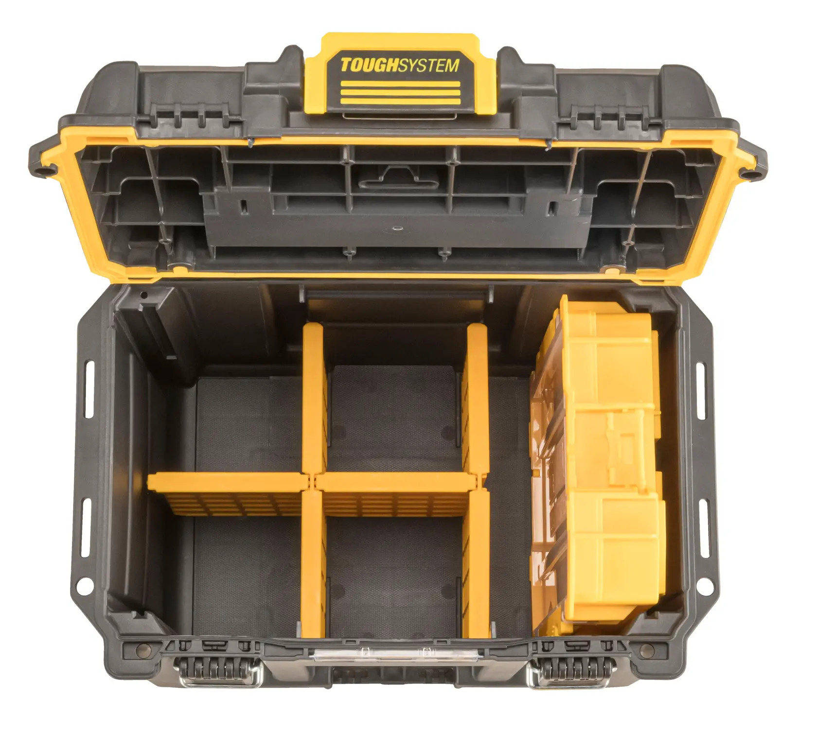 DEWALT ToughSystem 2.0 promotional graphic with the slogan 'Storage Built to Handle It' in large, bold yellow lettering on a dark, textured background.