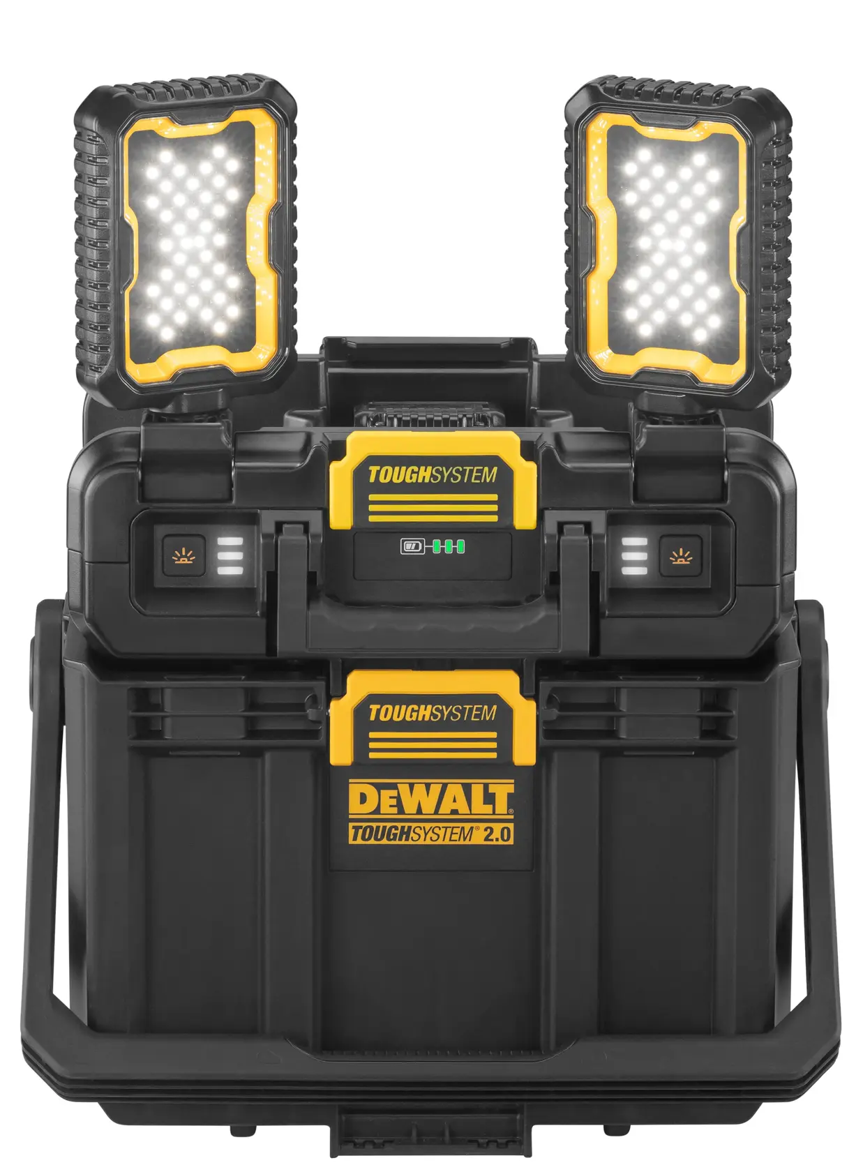 Caja DEWALT ToughSystem 2.0 con dos luces LED de trabajo arriba, diseño en negro y amarillo.