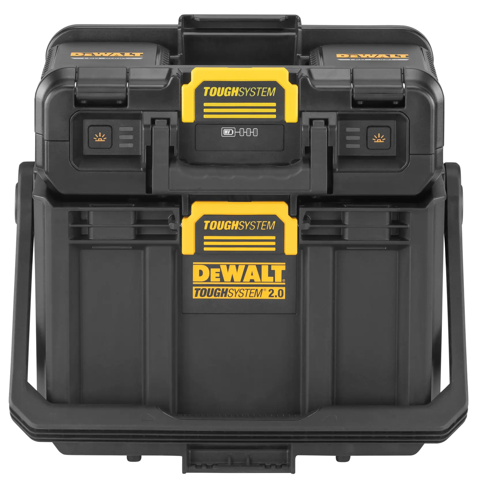 Vista frontal de caja negra DEWALT ToughSystem 2.0 con cierres amarillos y logotipo.