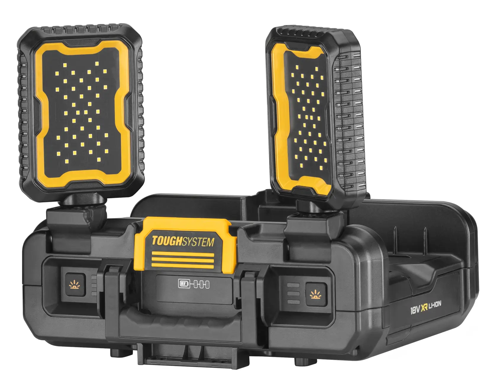Lámpara de trabajo LED portátil DEWALT ToughSystem, mostrada con dos paneles de luz ajustables sobre una caja resistente negra y amarilla.