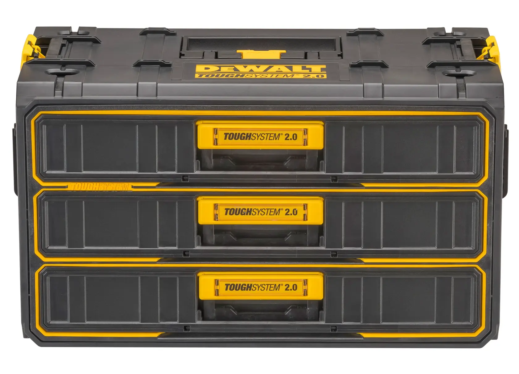Boîte de rangement DEWALT ToughSystem 2.0 avec trois tiroirs noirs et jaunes, conçue pour l'organisation d'outils robustes.