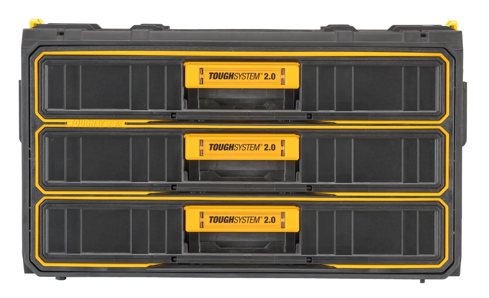 DEWALT ToughSystem 2.0 promotional graphic with the slogan 'Storage Built to Handle It' in large, bold yellow lettering on a dark, textured background.