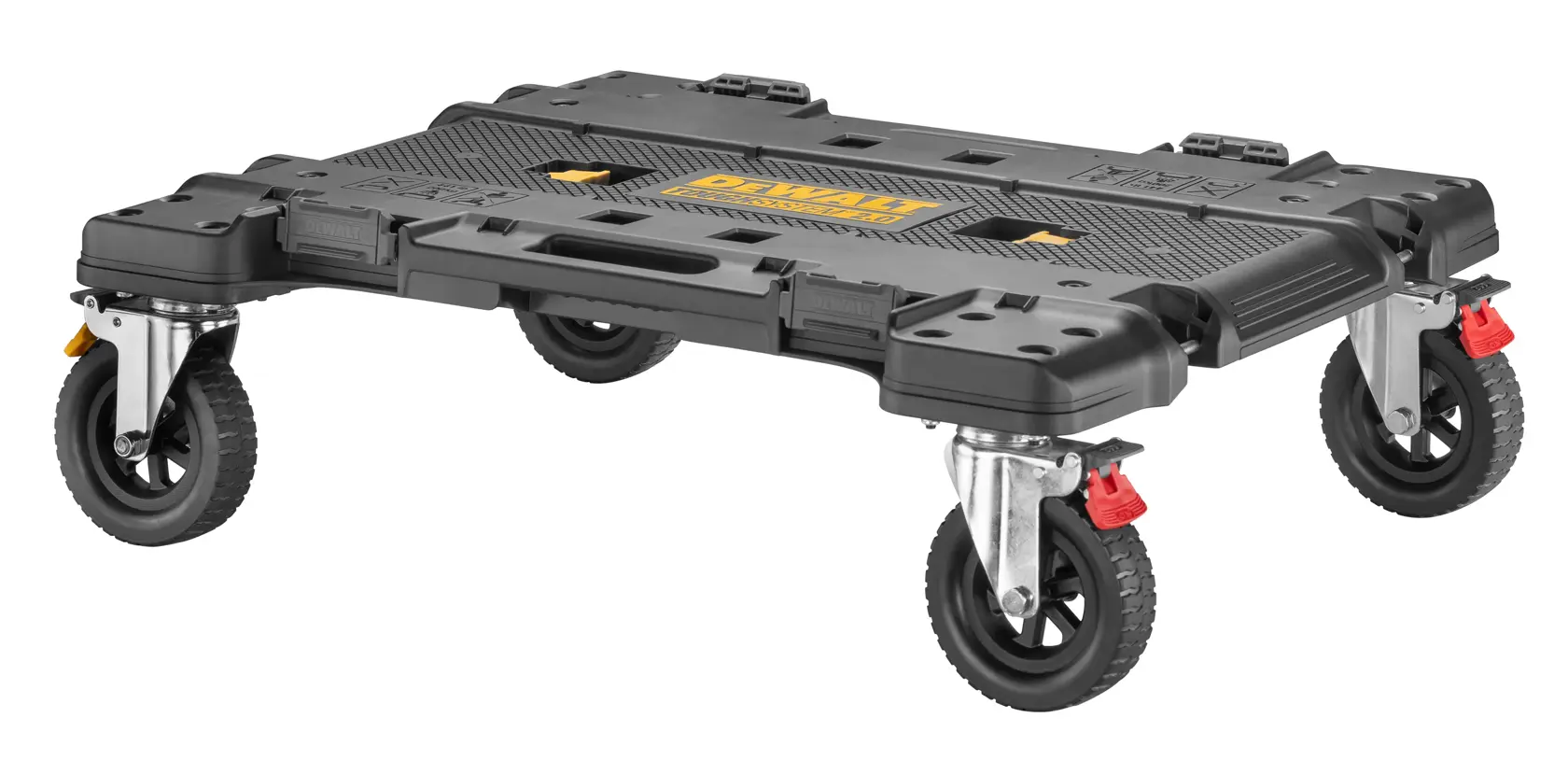 Plateforme roulante DEWALT avec quatre roues, conçue pour transporter des boîtes à outils et des objets lourds. La plateforme est noire avec des détails jaunes et dispose d'une construction robuste et de roues pivotantes verrouillables.