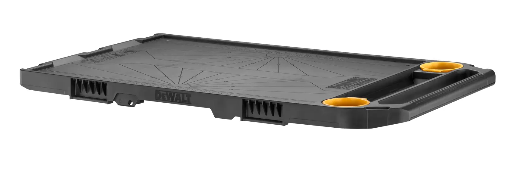 Un plateau en plastique noir à profil bas avec deux inserts circulaires jaunes et une poignée, conçu pour être utilisé avec les systèmes de rangement d'outils DEWALT.