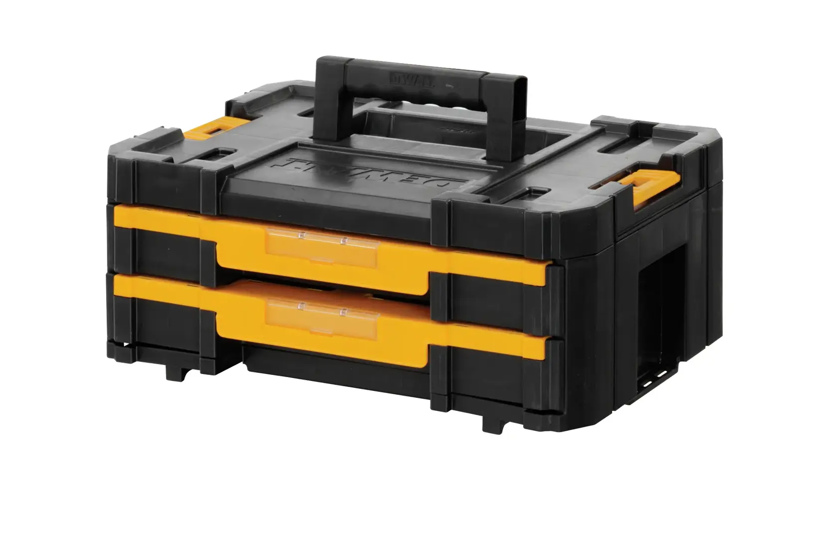 Boîte à outils DEWALT noire et jaune à deux tiroirs et poignée, idéale pour le rangement et transport des outils.