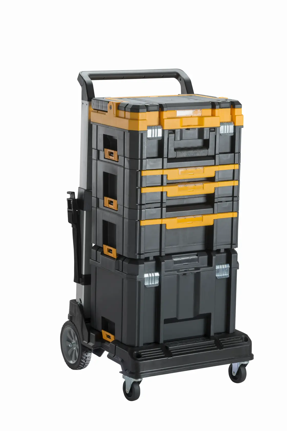 Chariot de rangement mobile DEWALT noir et jaune avec boîtes empilées et tiroirs sur roulettes.