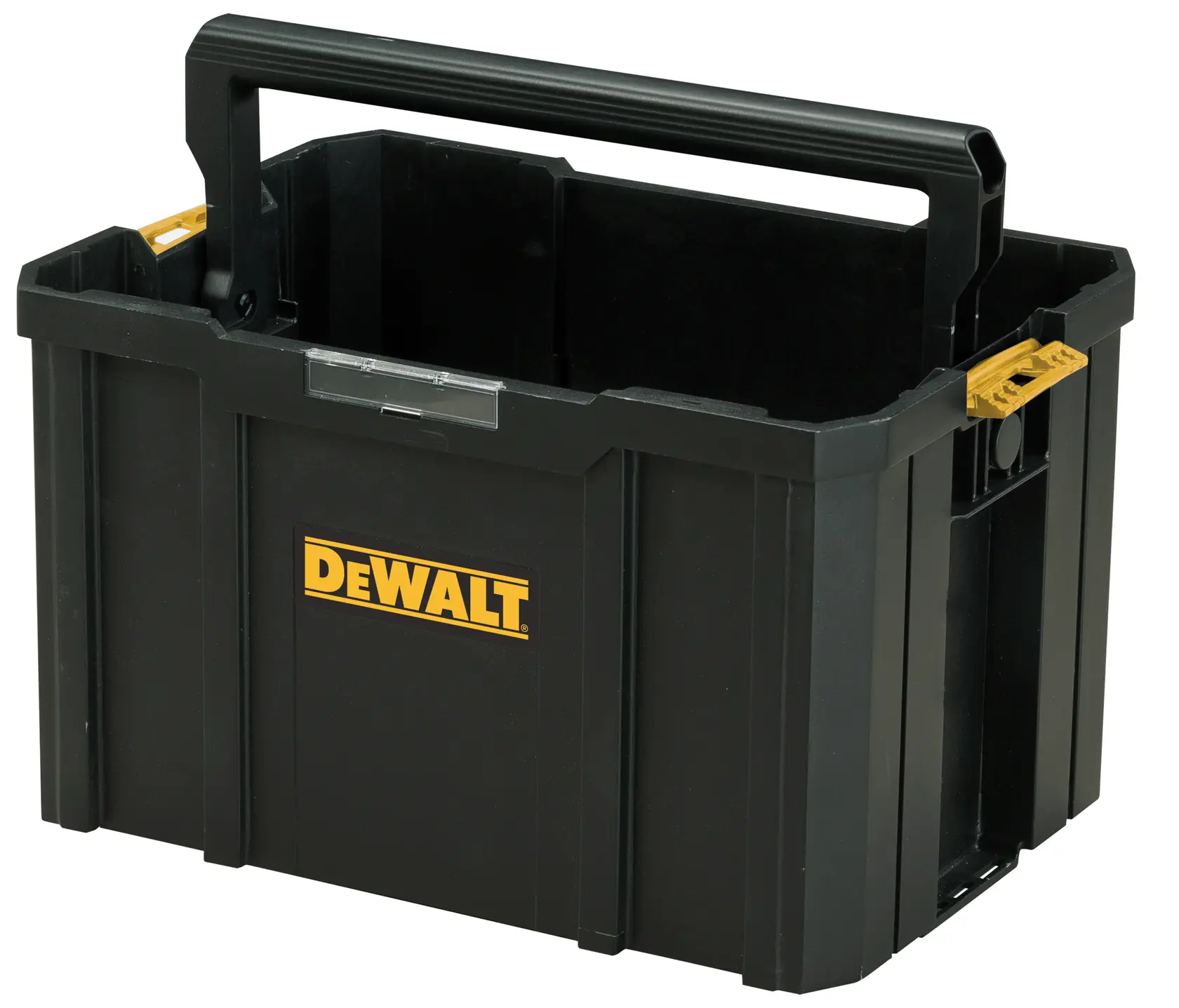 Boîte à outils DEWALT noire ouverte avec logo jaune et grande poignée de transport.