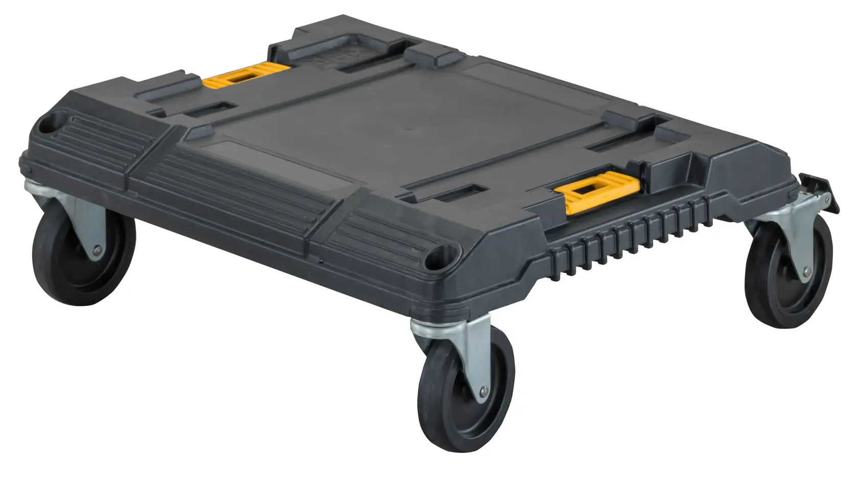 Plateforme roulante noire DEWALT à quatre roues pour déplacer des coffres à outils ou du matériel.