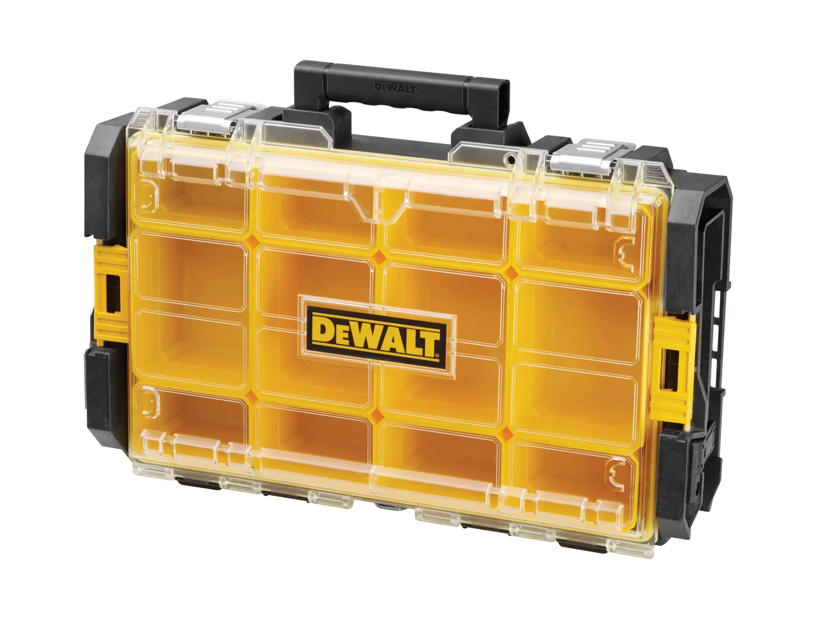 Graphique promotionnel DEWALT ToughSystem 2.0 avec le slogan 'Storage Built to Handle It' en grandes lettres jaunes sur un fond sombre texturé.