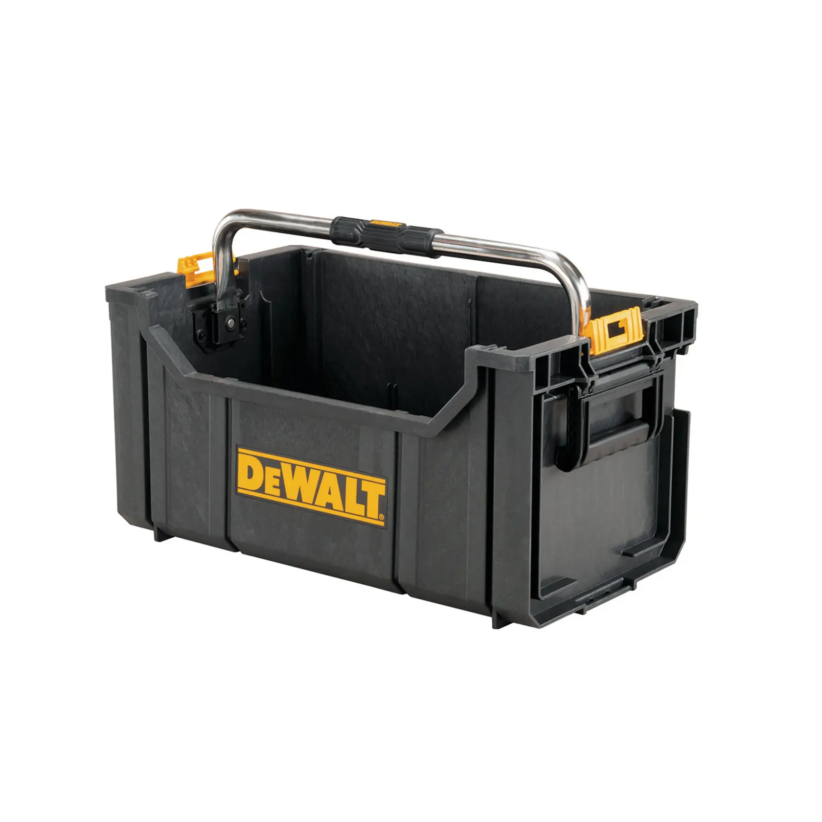 Une boîte à outils ouverte noire DEWALT avec une poignée de transport métallique et des loquets jaunes, adaptée au transport d’outils et d’accessoires.