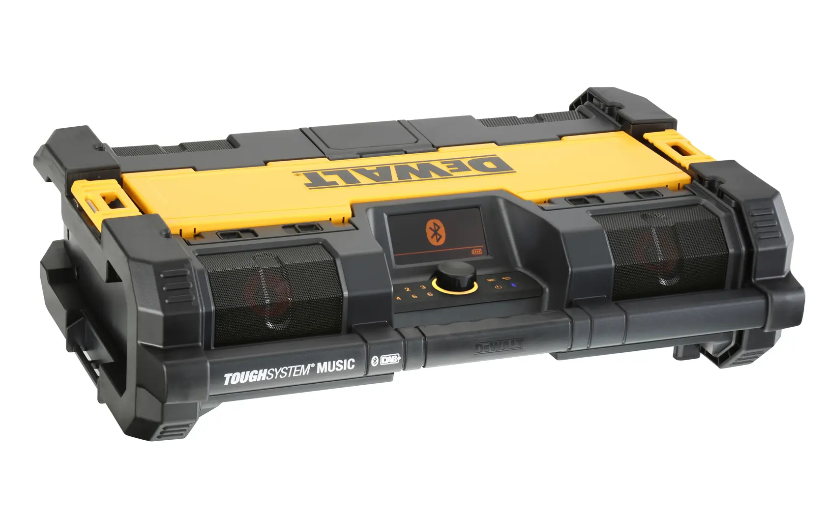 Graphique promotionnel DEWALT ToughSystem 2.0 avec le slogan 'Storage Built to Handle It' en grandes lettres jaunes sur un fond sombre texturé.