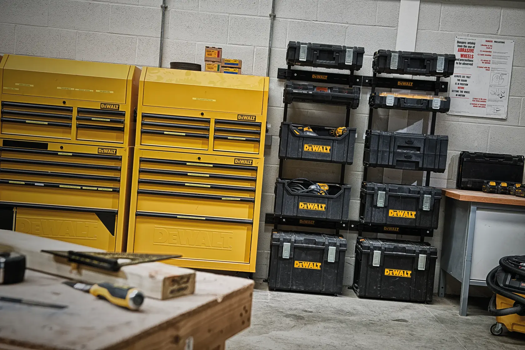 DEWALT Aufbewahrungsboxen und Werkzeugschränke gestapelt in einer Werkstatt mit Werkzeugen vorne.