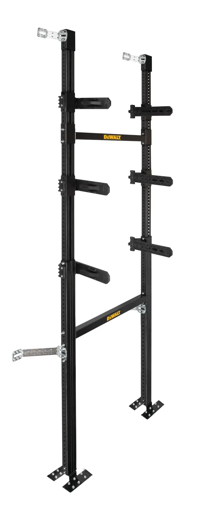Rack mural noir DEWALT avec bras réglables pour organiser les outils et équipements.
