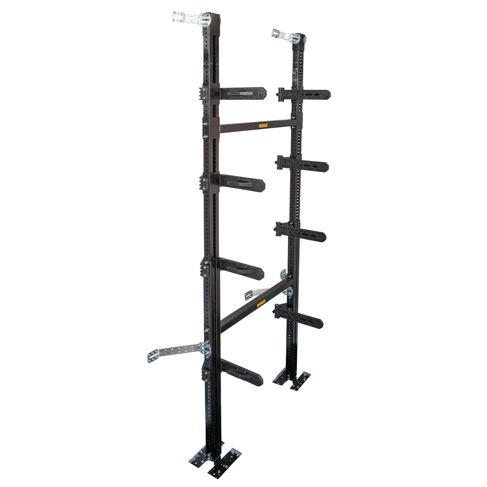Rack de rangement en métal noir avec bras réglables pour organiser les matériaux, conçu pour fixation murale.