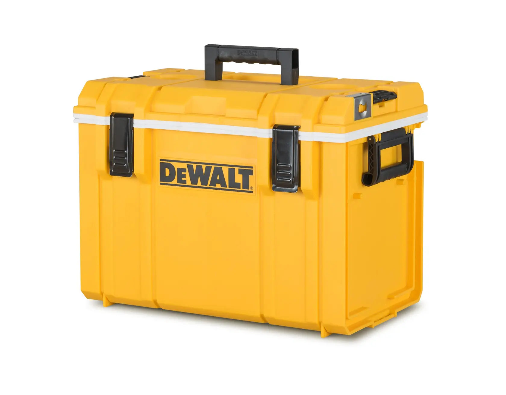 Une boîte de rangement d'outils jaune DEWALT avec une poignée noire et des loquets noirs, photographiée sur un fond blanc.