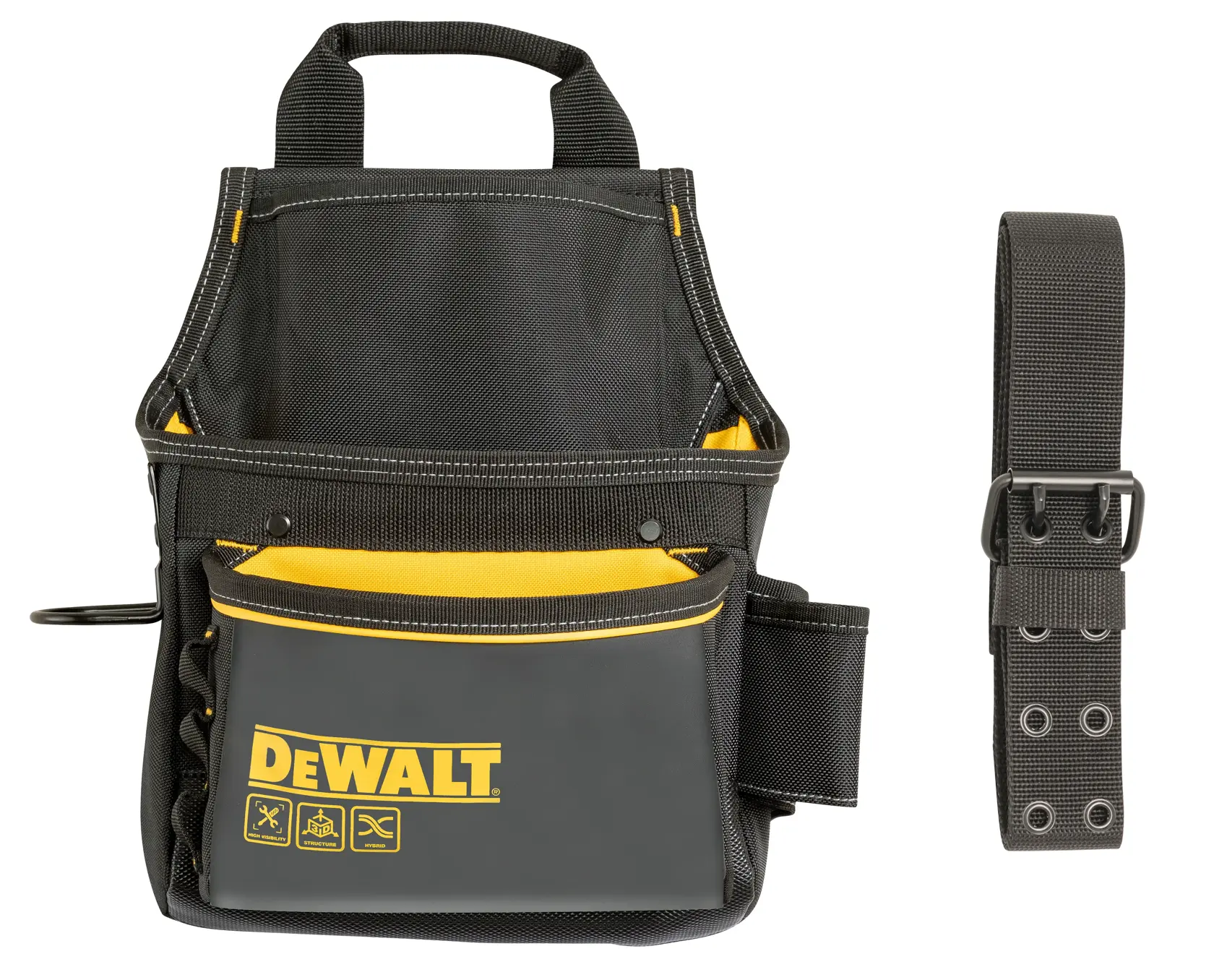 Bolsa de herramientas negra DEWALT con detalles amarillos y cinturón ajustable para llevar herramientas.