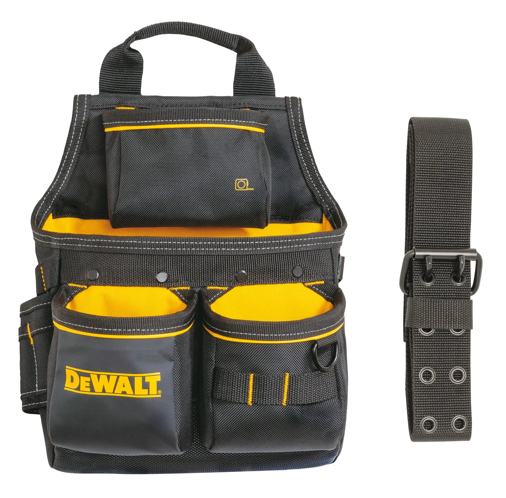 Bolsa de herramientas DEWALT negra y amarilla con varios bolsillos y correa ajustable aparte.