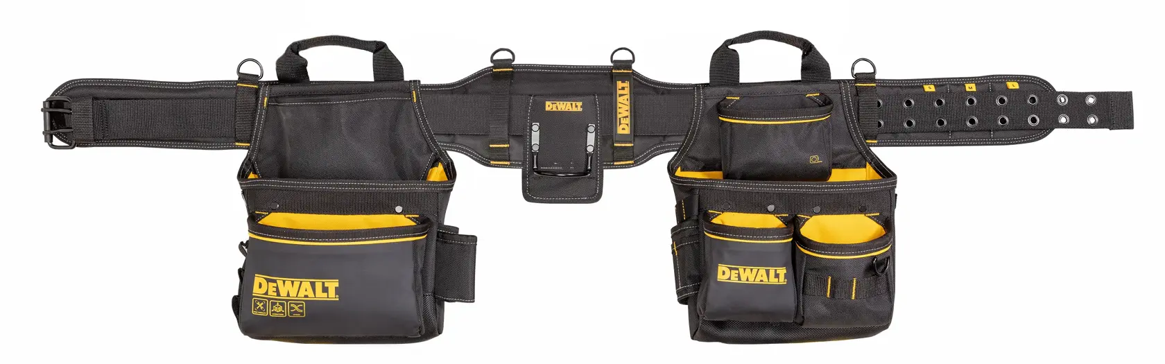 Ceinture à outils DEWALT noire et jaune avec plusieurs poches pour transporter outils et accessoires.