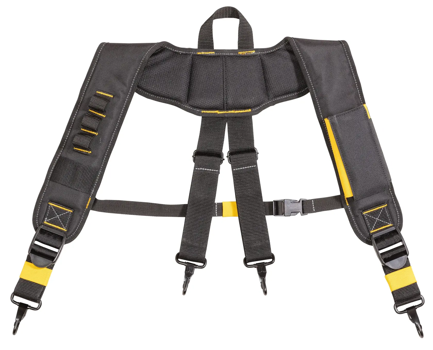 Harnais DEWALT noir et jaune rembourré, avec sangles réglables et clips pour ceintures d’outils.