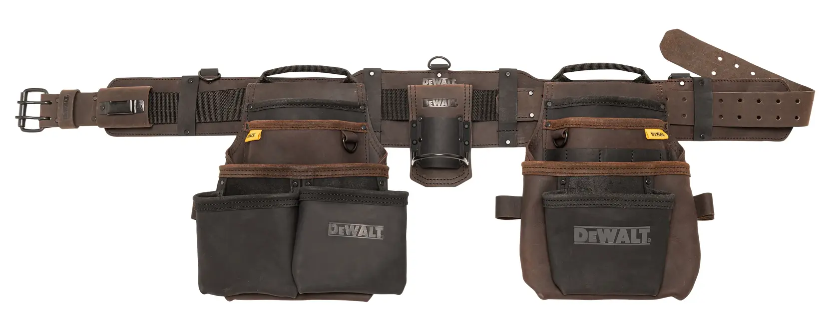 Ceinture à outils DEWALT en cuir avec plusieurs poches et sacs, présentée sur fond blanc.