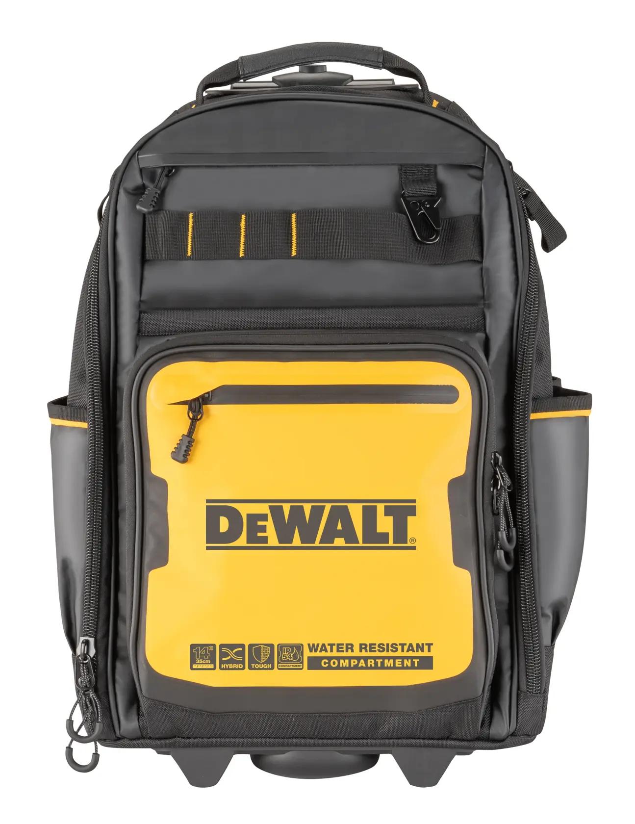 Sac à dos photo DEWALT noir et jaune avec compartiment avant résistant à l’eau et plusieurs poches.
