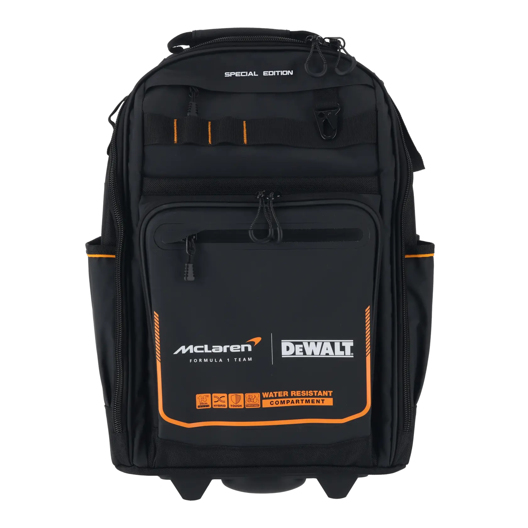 Sac à dos noir DeWALT McLaren imperméable avec plusieurs compartiments, pour outils et protection de matériel.