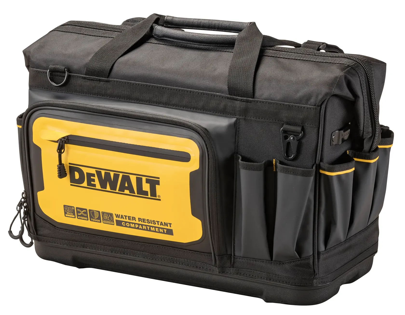 DEWALT black and yellow tool bag with water-resistant compartment and multiple pockets for tools.