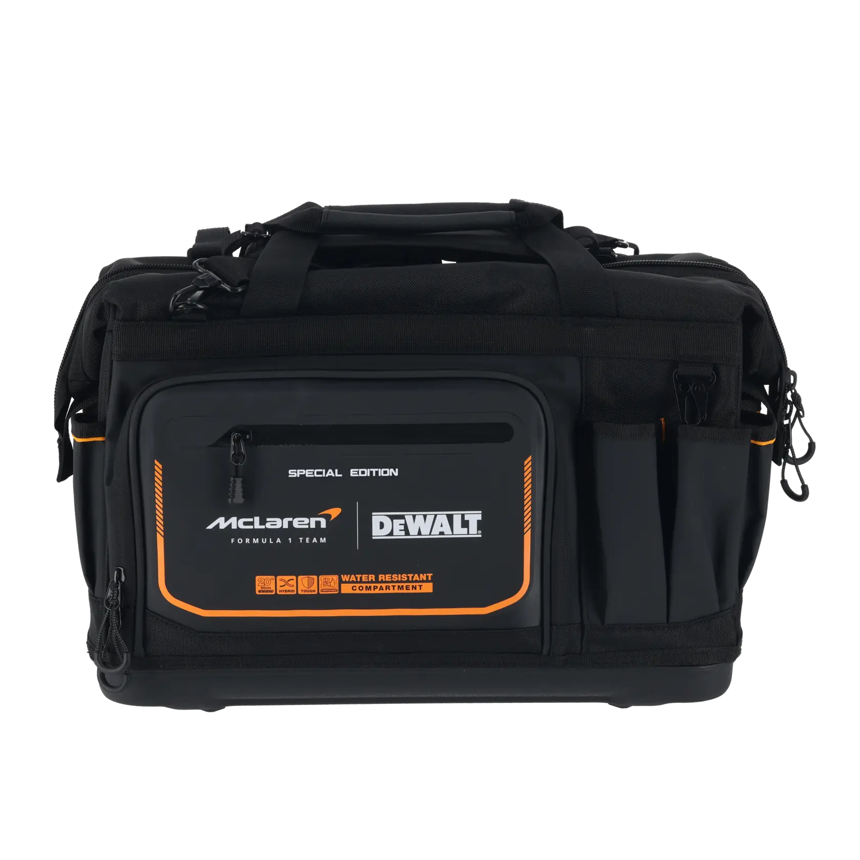 Sac à outils DEWALT McLaren avec compartiment résistant à l'eau pour stockage et protection.