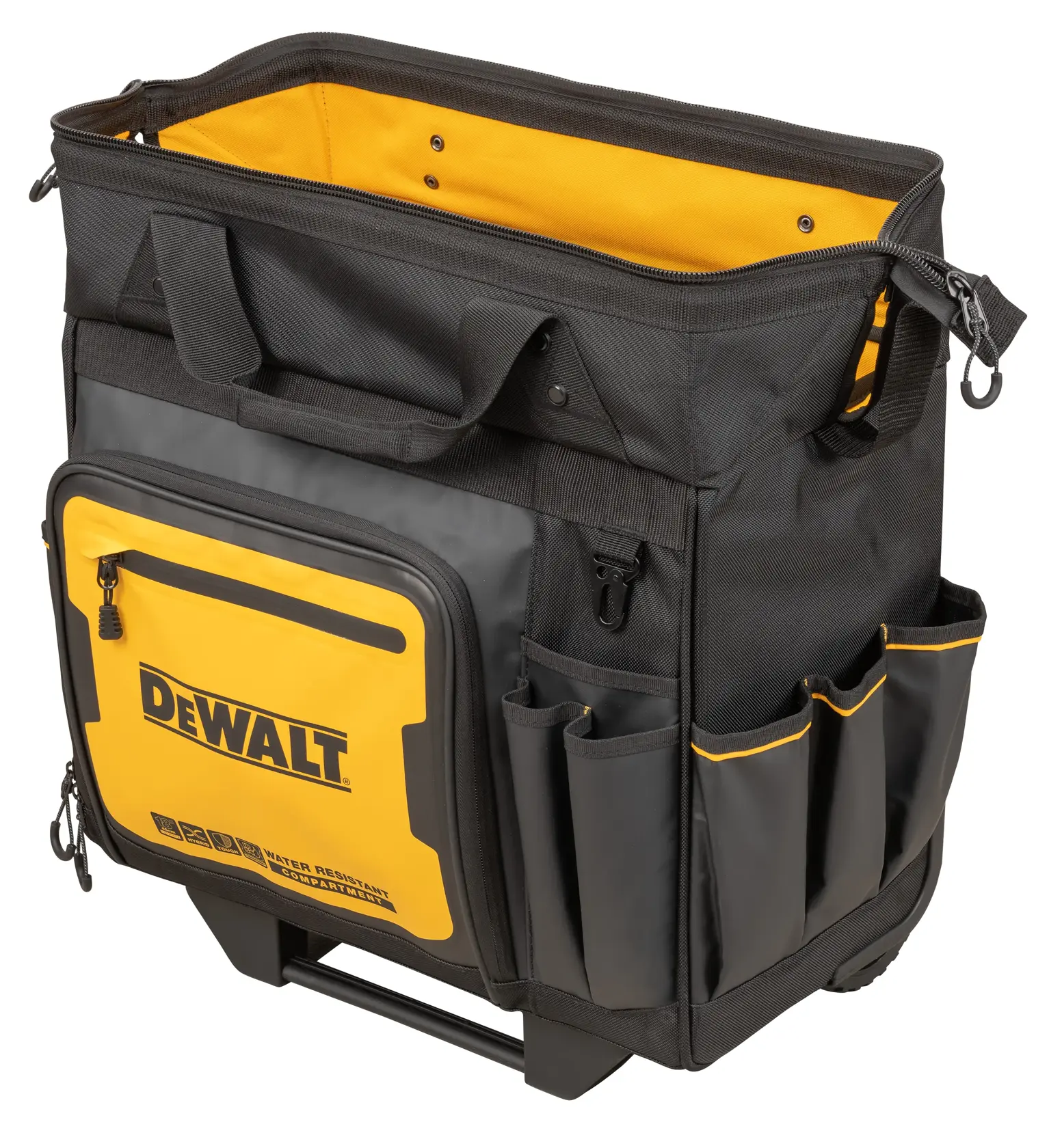 DEWALT black and yellow tool bag with outer pockets and handles. Suitable for carrying tools and accessories.