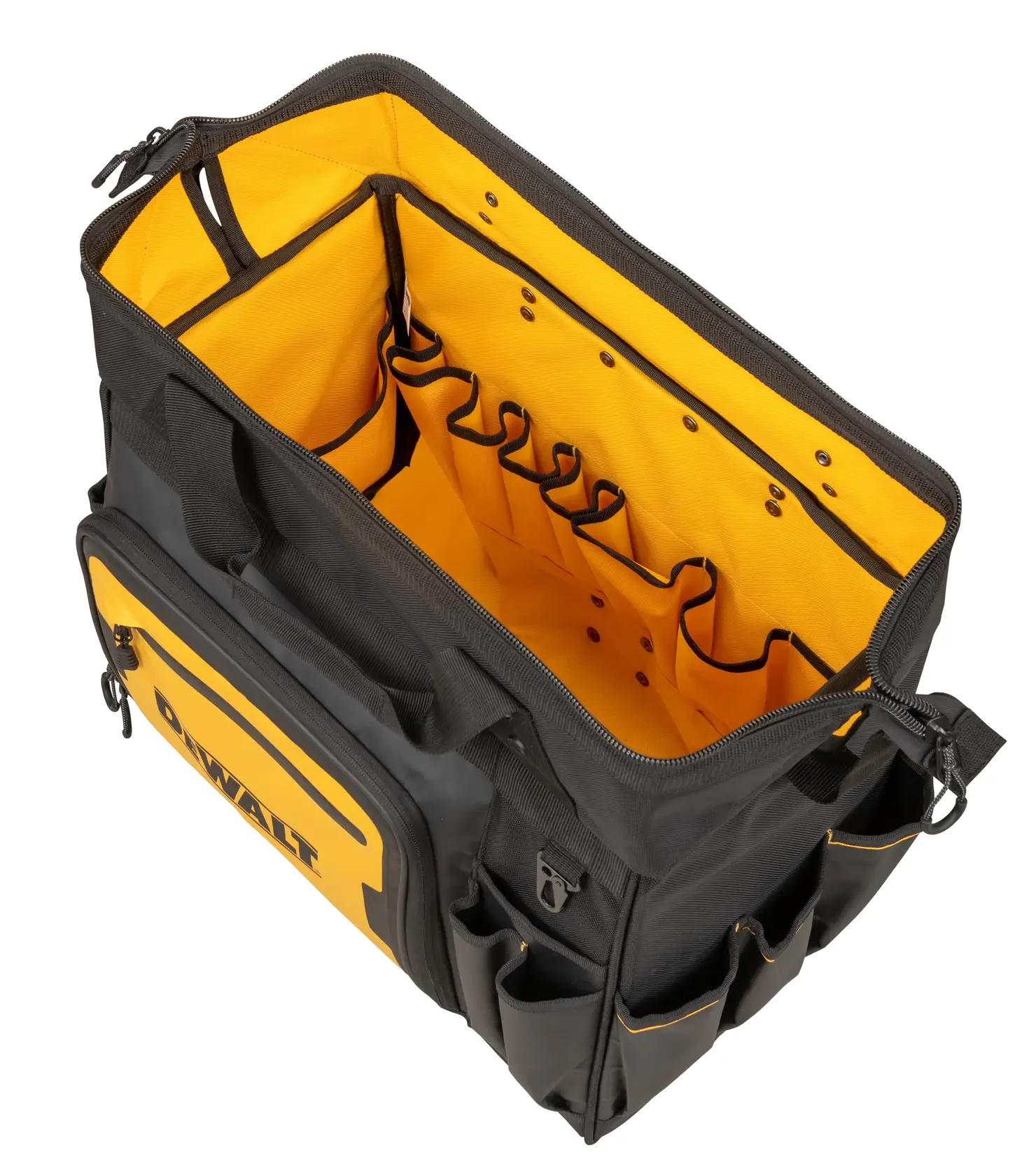 DEWALT black and yellow tool bag with multiple inner and outer pockets, shown open from above.