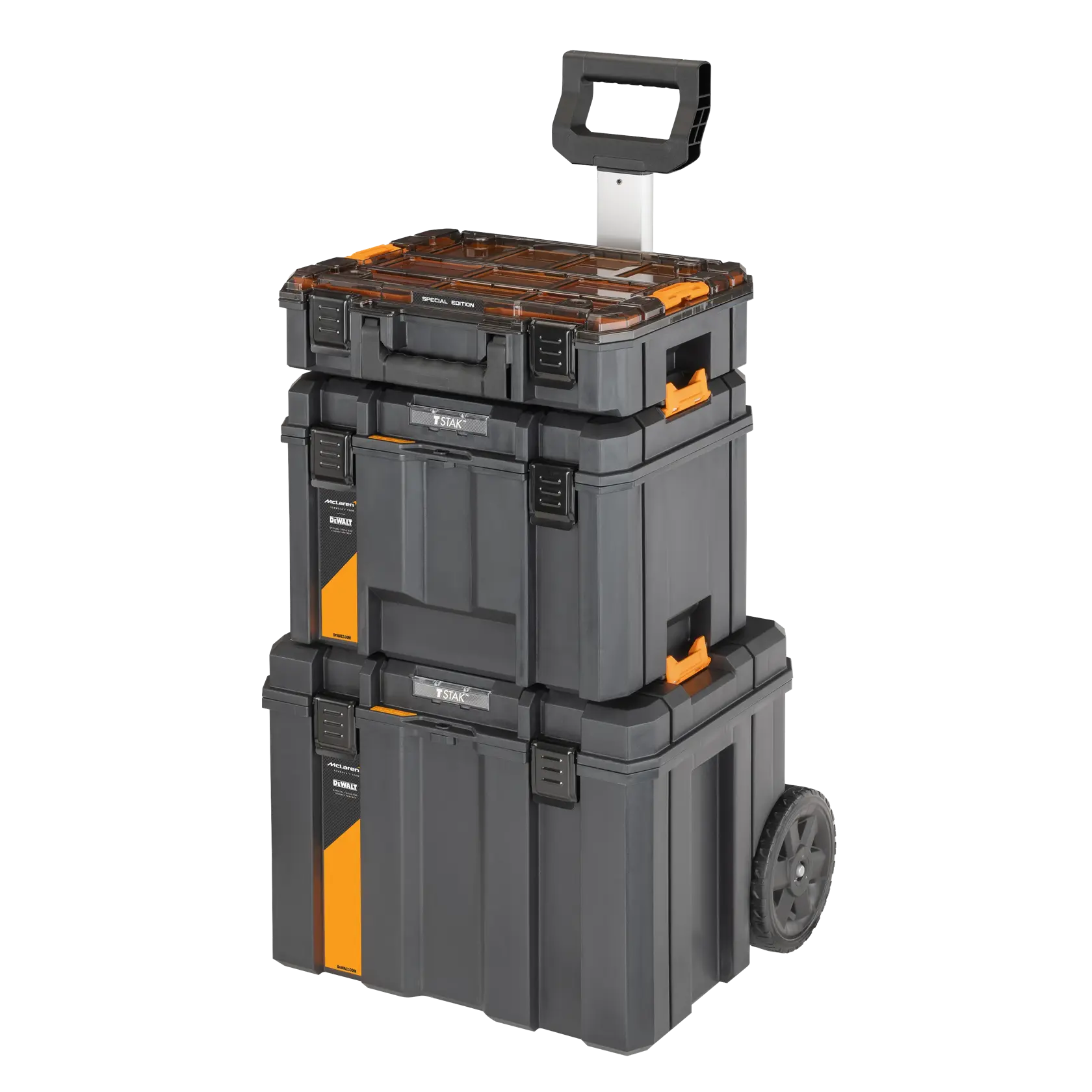 Boîtes à outils empilables Stanley TSTAK avec roues et poignée pour rangement portable et organisation.