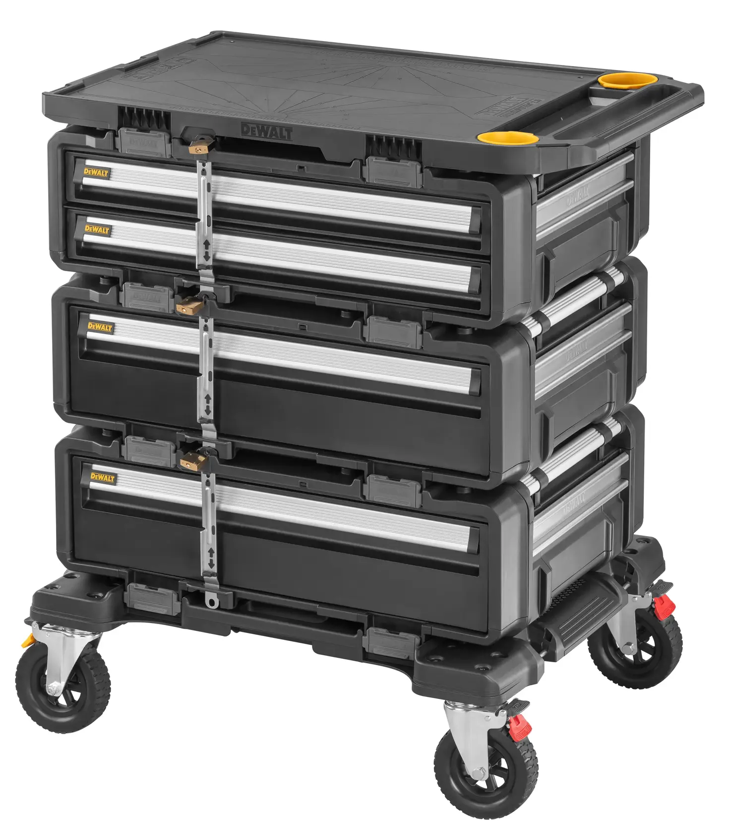 Un chariot de rangement modulaire pour outils DEWALT avec trois tiroirs empilés noirs et argentés sur des roulettes. Le chariot possède une structure en plastique robuste, un dessus plat avec des poignées et des accents jaunes, et est équipé de mécanismes de verrouillage pour un rangement sécurisé.