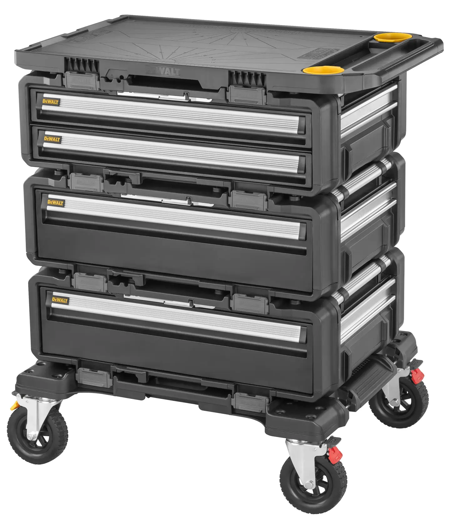Chariot mobile de rangement d'outils DEWALT avec quatre tiroirs empilables, noir avec des poignées argentées, monté sur quatre roues pour une mobilité accrue. Le couvercle supérieur comporte deux sections circulaires jaunes.