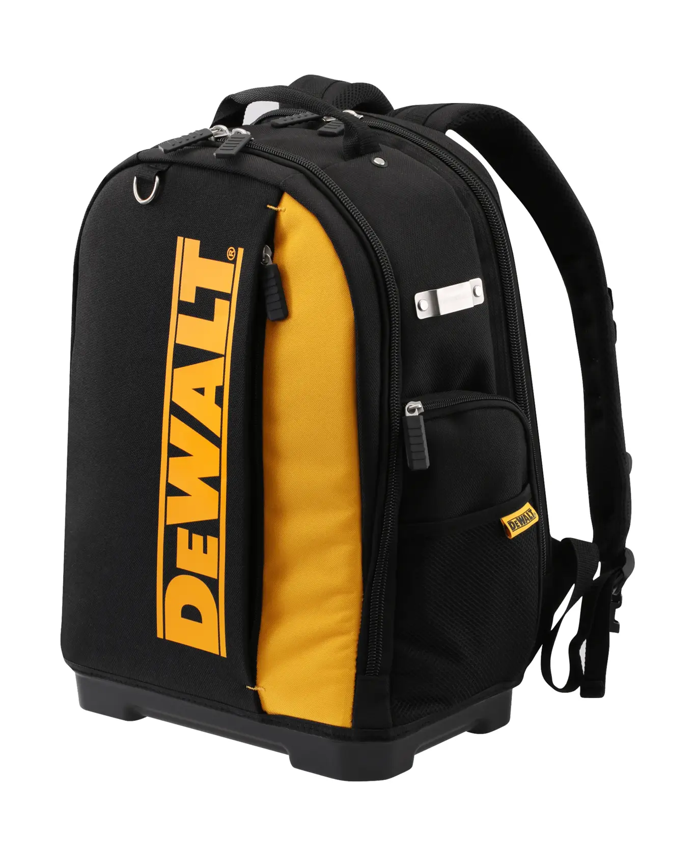Sac à dos DEWALT noir et jaune avec plusieurs compartiments zippés et bretelles rembourrées.