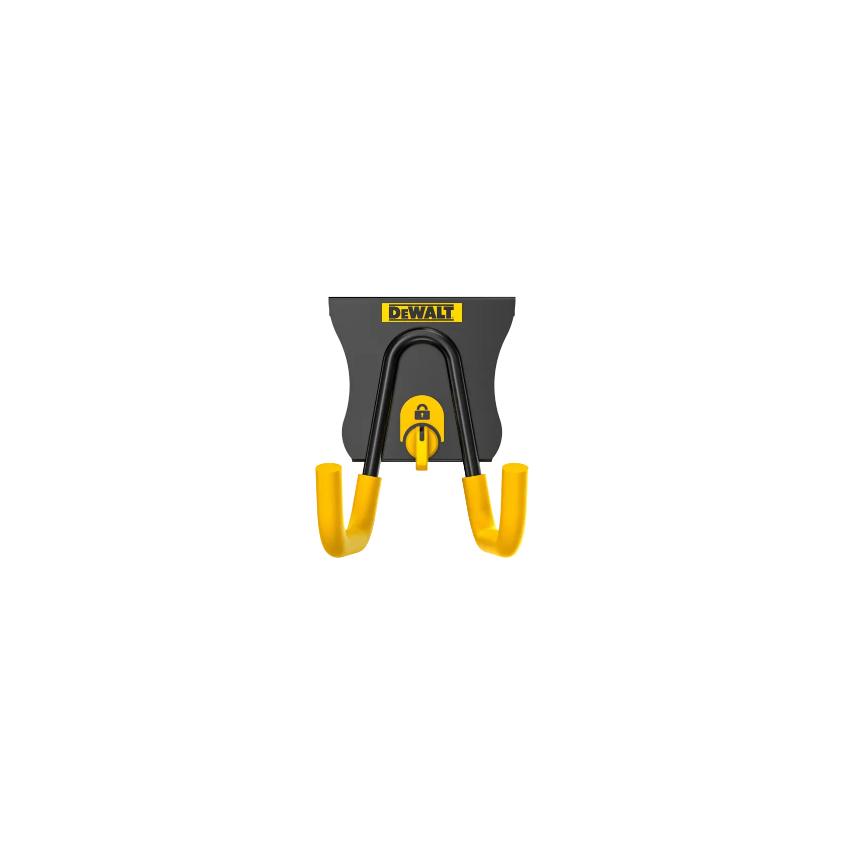 DEWALT DWST82805 Wandhaken mit gelben Armen zum Organisieren von Werkzeugen oder Ausrüstung.