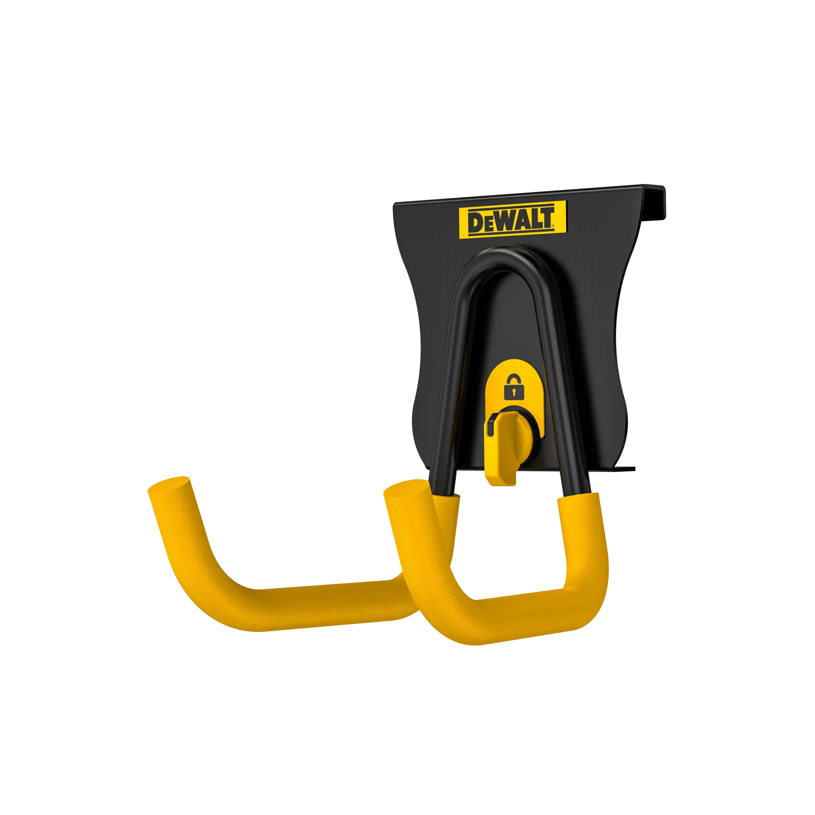 DEWALT Wandhalterung Doppelhaken mit gelber Polsterung und Schloss, für organisierte Lagerung.